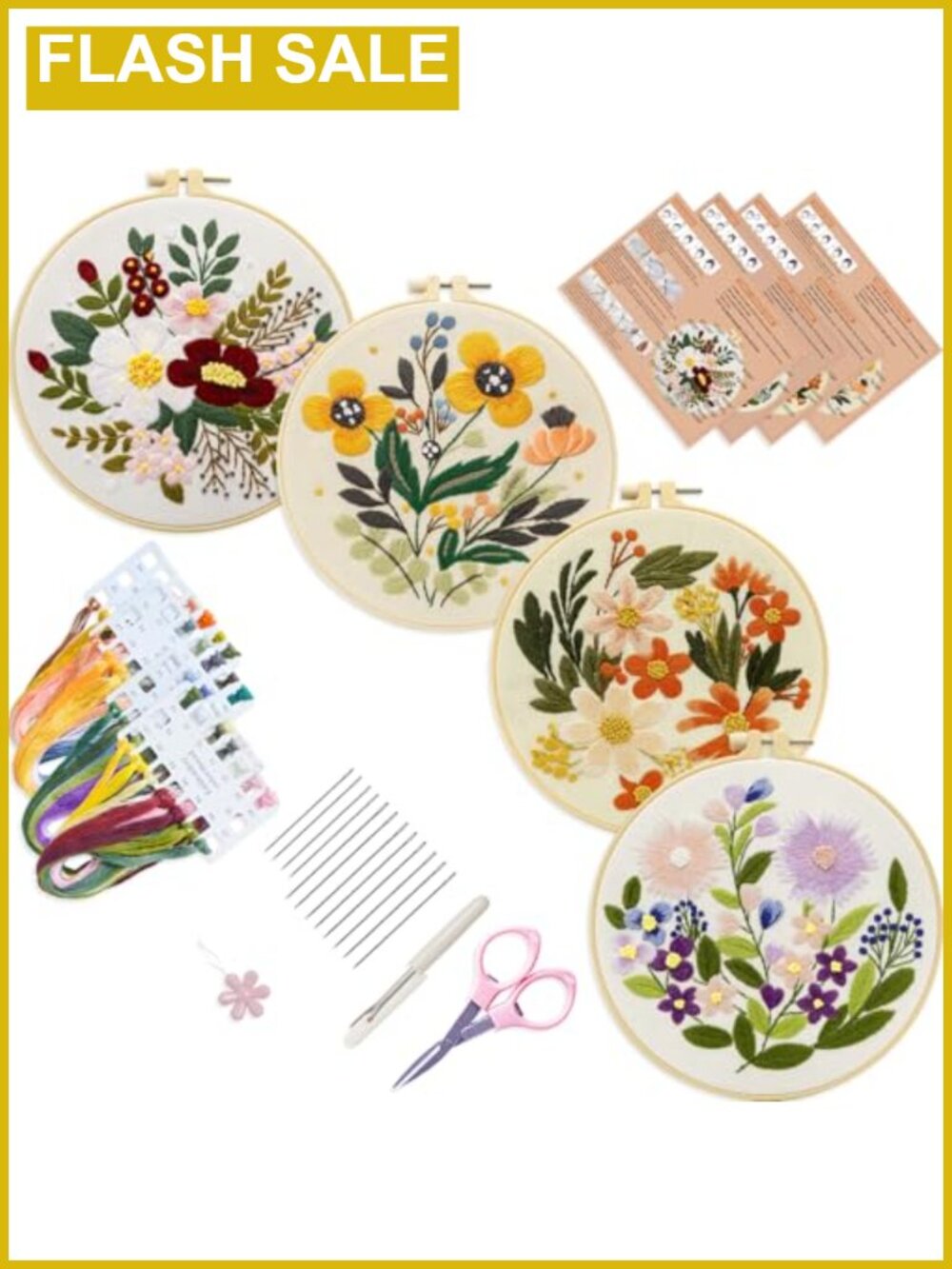 4 Set Embroidery Kit for Beginners Pre-Printed Patterns Hoop Thread Needles